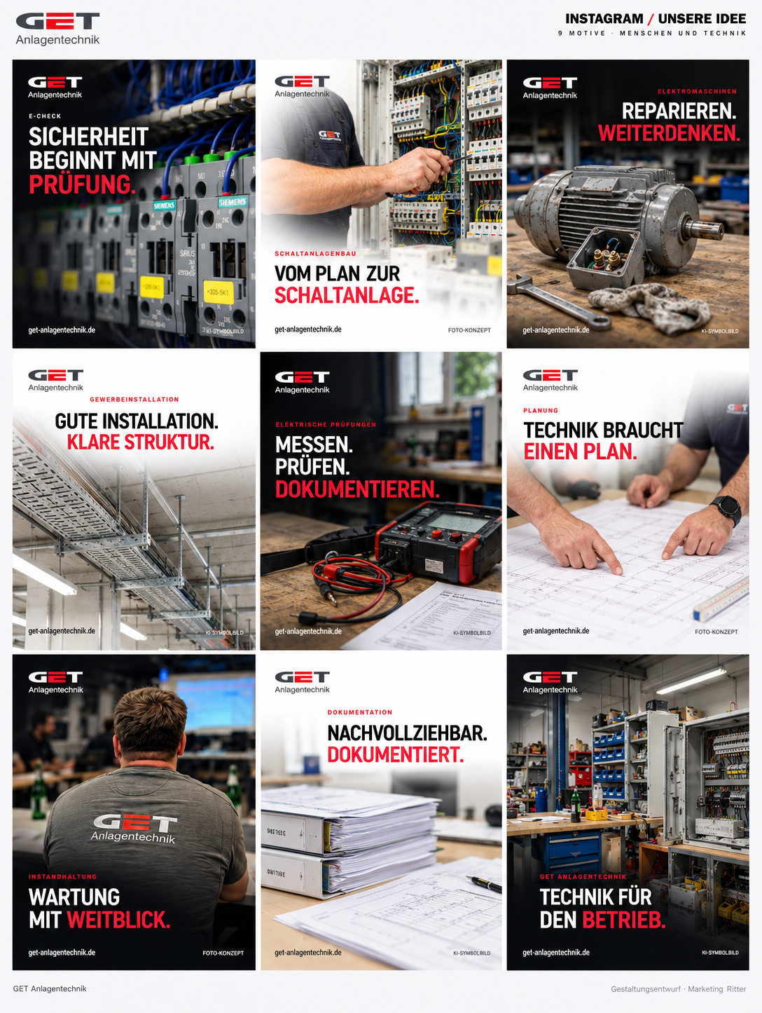 Neun GET-Postkonzepte mit Menschenmotiven bei der Arbeit, einer GET-Jacke von hinten und ergänzenden Technik-Symbolbildern im hell-dunklen Schachbrett