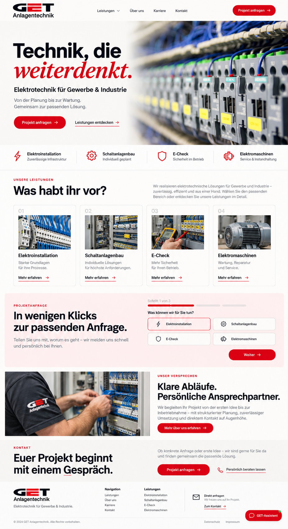 Helle GET-Website mit rotem Logo, Technik-Fotomotiven, vier Leistungsbereichen, Anfrageformular und persönlichem Kontakt.